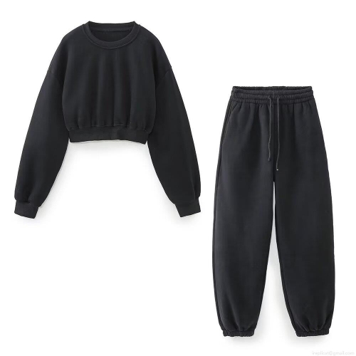 Women's 2 Piece Casual Lounge Set Cropped Long Sleeve Sweatshirt And Drawstring High Waist Jogger Pants Polyester Blend Solid Color Tracksuit Streetwear Outfits