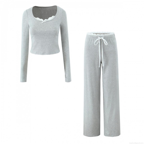 Women's Casual Cotton Blend Rib Knit Loungewear Set Lace Trim Long Sleeve U-Neck Crop Top With Thumb Holes And High Waist Wide Leg Drawstring Pants Two Piece Suit Home Streetwear