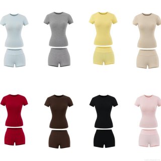 Women's Ribbed Knit Two Piece Set Round Neck Short Sleeve Slim Fit T-Shirt and High Waist Bodycon Shorts Casual Summer Loungewear Sportswear Outfits