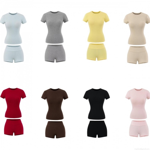 Women's Ribbed Knit Two Piece Set Round Neck Short Sleeve Slim Fit T-Shirt and High Waist Bodycon Shorts Casual Summer Loungewear Sportswear Outfits