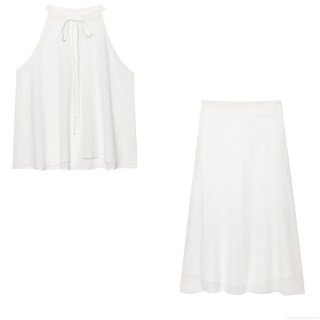Summer Women Halter Neck Sleeveless Tie Top And High Waist Midi Skirt Two Piece Set Plain White Polyester Cotton Linen Blend Casual Outfits