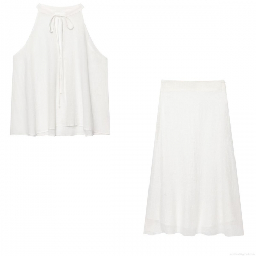Summer Women Halter Neck Sleeveless Tie Top And High Waist Midi Skirt Two Piece Set Plain White Polyester Cotton Linen Blend Casual Outfits