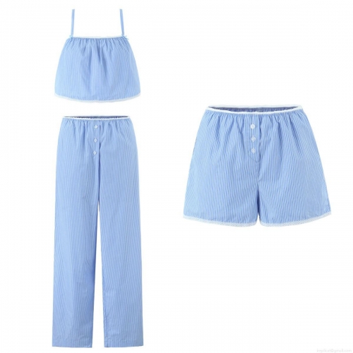 Women's 3-Piece Striped Loungewear Set 100% Combed Cotton Lace Trim Sleeveless Camisole Top With Elastic Waist Shorts And Straight Leg Pants Casual Summer Home Outfit