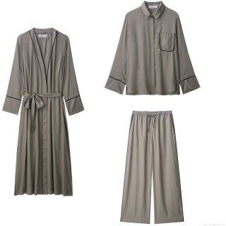 Women's Elegant 3-Piece Loungewear Set Satin Silk-Like Long Robe Button Down Shirt And Wide Leg Pants With Contrast Piping Casual Sleepwear Home Suite