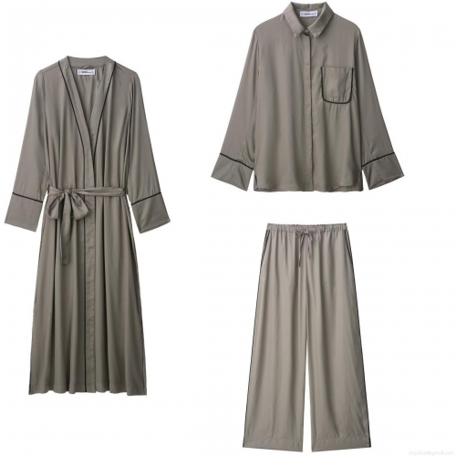 Women's Elegant 3-Piece Loungewear Set Satin Silk-Like Long Robe Button Down Shirt And Wide Leg Pants With Contrast Piping Casual Sleepwear Home Suite