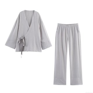 Women's Japanese Style Wrap Jacket And Pants Set Polyester Solid Color Tie Waist Kimono Cardigan Wide Leg Trousers Two Piece Lounge Suit Streetwear Casual Light Grey