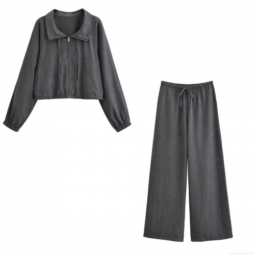 Women's 2-Piece Lounge Set 100% Polyester Zip Up Cropped Jacket and Wide Leg Drawstring Pants Casual Streetwear Autumn Solid Color Leisure Outfit