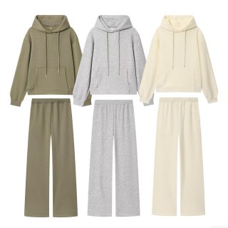 Women's Casual Solid Color Loungewear Set Fleece Lined Drawstring Hoodie and Wide Leg Pants Two Piece Outfits Soft Knit Sweatshirt Streetwear