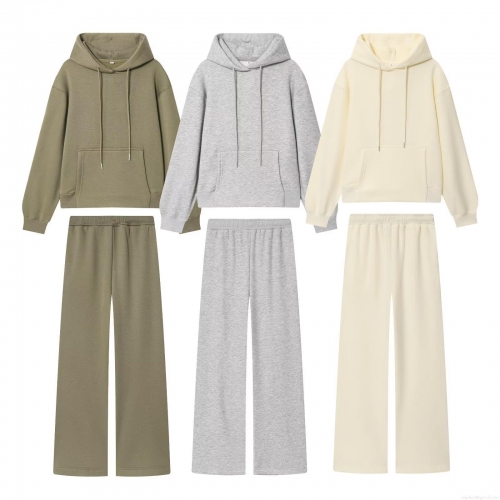 Women's Casual Solid Color Loungewear Set Fleece Lined Drawstring Hoodie and Wide Leg Pants Two Piece Outfits Soft Knit Sweatshirt Streetwear
