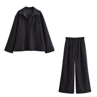 Women's Two Piece Lounge Set Casual Lapel Long Sleeve Polo Shirt Top And High Waist Wide Leg Pants Set Solid Color Thick Woolen Texture Autumn Winter Tracksuit For Women