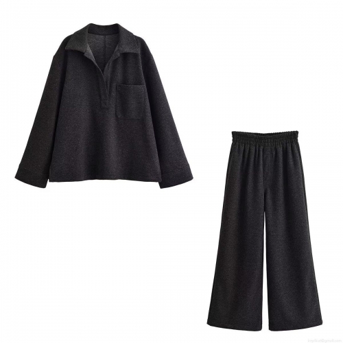 Women's Two Piece Lounge Set Casual Lapel Long Sleeve Polo Shirt Top And High Waist Wide Leg Pants Set Solid Color Thick Woolen Texture Autumn Winter Tracksuit For Women