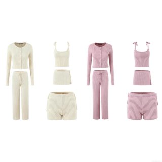 Women's 5-Piece Knit Lounge Set 60% Viscose Ribbed Cardigan Camisole Shorts Skirt And Trousers Autumn Solid Color Soft Streetwear Outfit