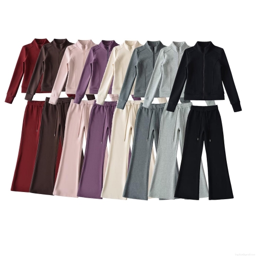 Women's 2-Piece Fleece Lined Tracksuit Set Solid Color Stand Collar Zipper Jacket and High Waist Wide Leg Sweatpants Casual Sporty Loungewear Outfits