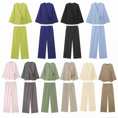 Women Casual Cotton Linen Kimono Wrap Top And Wide Leg Pants Two Piece Set Solid Color Minimalist Loungewear Long Sleeve Tied Waist High Rise Trousers Streetwear Outfits