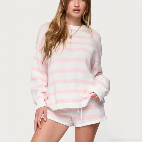 Women's Striped Knit Two-Piece Set Crew Neck Long Sleeve Sweater And Drawstring Shorts Casual Color Block Lounge Outfits Vacation Knitwear Set