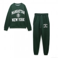 Women Fashion Dark Green Tracksuit Set Cotton Blend Manhattan Letter Print Long Sleeve Round Neck Sweatshirt And Matching Jogger Pants Loungewear Suits
