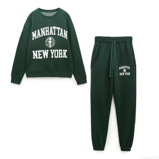 Women Fashion Dark Green Tracksuit Set Cotton Blend Manhattan Letter Print Long Sleeve Round Neck Sweatshirt And Matching Jogger Pants Loungewear Suits