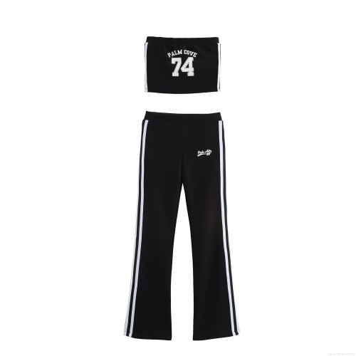 Women Sporty Casual Set Polyester Cotton Letter Print Tube Top Flare Pants Zipper Jacket Streetwear Outdoor Activewear Spring Autumn Slim Fit Two Piece Outfit