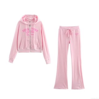 Women's Pink Velour Tracksuit Set Fashion Zip Up Hooded Sweatshirt and Drawstring Flare Leg Pants Two Piece Casual Loungewear Outfits for Women