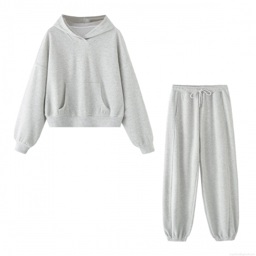Women's Casual Hoodie and Jogger Set Heather Grey Polyester Spandex Solid Color Long Sleeve Hooded Sweatshirt Drawstring Sweatpants For Running Sports Loungewear