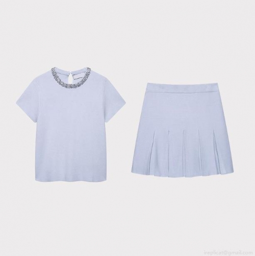 Women's Elegant Knit Two Piece Set Jeweled Neck Short Sleeve Top And High Waist Pleated Mini Skirt Summer Casual Office Wear Sweet Chic Outfits