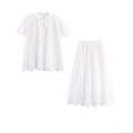 Women's Bohemian Hollow Out Embroidery Two Piece Set 85% Cotton Lace-up V-Neck Short Sleeve Blouse And Elastic Waist A-Line Midi Skirt Sweet White Casual Outfit