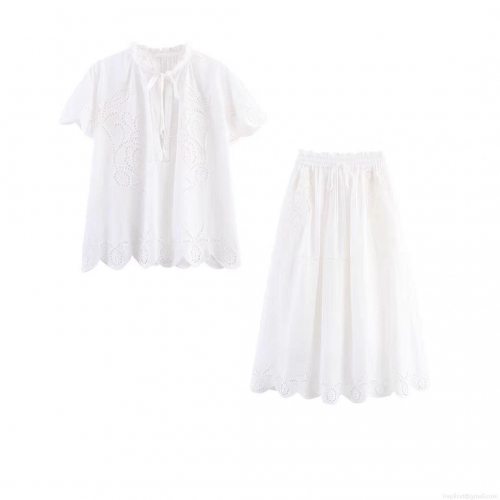 Women's Bohemian Hollow Out Embroidery Two Piece Set 85% Cotton Lace-up V-Neck Short Sleeve Blouse And Elastic Waist A-Line Midi Skirt Sweet White Casual Outfit