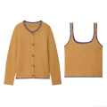 Women's Casual Knitted Two-Piece Set Contrast Crochet Wave Trim Button Cardigan and Camisole Vest Autumn Outfits Knitted Sweater Set for Women
