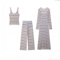 Women Multi-Color Horizontal Stripe Knit 3-Piece Set Sleeveless Cami Top High Waist Wide Leg Pants Long Sleeve Maxi Dress Sweet Casual Vacation Outfit