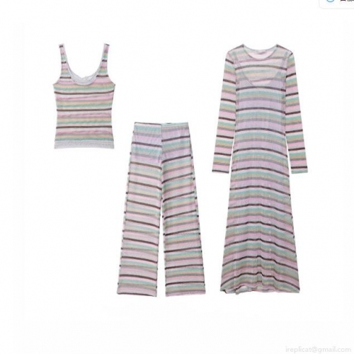 Women Multi-Color Horizontal Stripe Knit 3-Piece Set Sleeveless Cami Top High Waist Wide Leg Pants Long Sleeve Maxi Dress Sweet Casual Vacation Outfit
