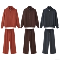 Women's Knit Spandex Two-Piece Set Soft Stand Collar Zipper Sweatshirt Jacket And High Waist Wide Leg Pants Solid Color Loungewear Outfits For Autumn Winter