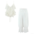 Women's Summer 2 Piece Set Ruffle V-Neck Camisole And Lace Trim Lantern Pants Casual French Bohemian Streetwear Sleeveless Top Loose Trousers Outfit