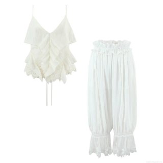 Women's Summer 2 Piece Set Ruffle V-Neck Camisole And Lace Trim Lantern Pants Casual French Bohemian Streetwear Sleeveless Top Loose Trousers Outfit