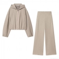 Women's Casual Two Piece Set Oatmeal Beige Hooded Zip Up Sweatshirt And High Waisted Wide Leg Pants Knit Loungewear Sporty Tracksuit Outfits