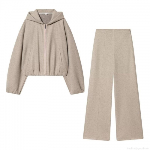 Women's Casual Two Piece Set Oatmeal Beige Hooded Zip Up Sweatshirt And High Waisted Wide Leg Pants Knit Loungewear Sporty Tracksuit Outfits