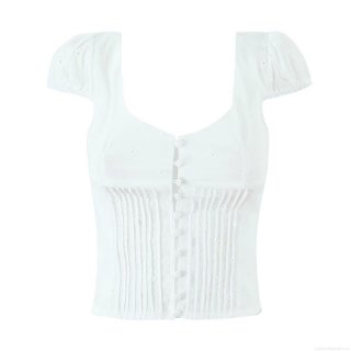 Women's 100% Cotton Eyelet Embroidery Crop Top And Maxi Skirt French Pastoral Style Short Puff Sleeve Button Up Square Neck Top High Waist Elastic A-Line Long Skirt Bohemian Summer Beach Holiday White Outfits