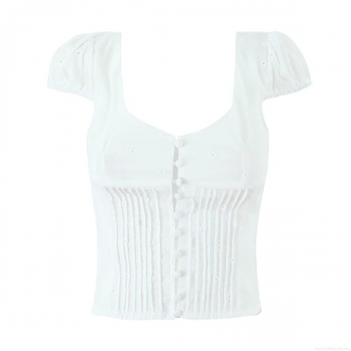 Women's 100% Cotton Eyelet Embroidery Crop Top And Maxi Skirt French Pastoral Style Short Puff Sleeve Button Up Square Neck Top High Waist Elastic A-Line Long Skirt Bohemian Summer Beach Holiday White Outfits