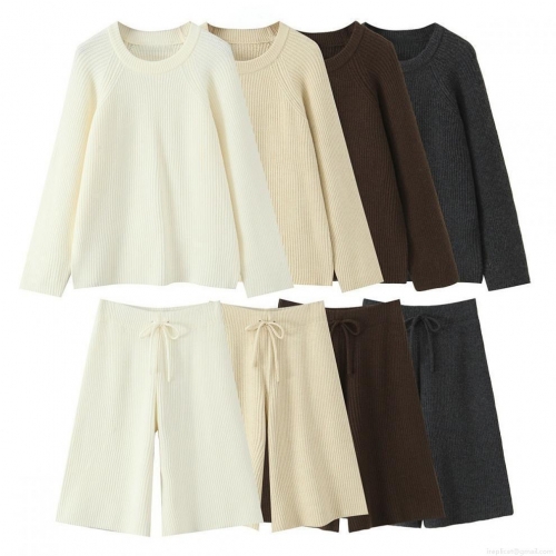 Women's Two Piece Knit Set Solid Color Round Neck Pullover Long Sleeve Sweater and Wide Leg Drawstring Shorts Casual Loungewear Outfit Streetwear