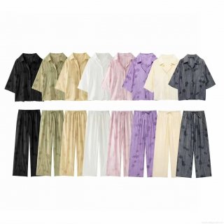 Women's Loungewear Set Jacquard Polyester Button Up Shirt And Drawstring Pants Two Piece Vacation Casual Loose Pajamas Set For Women