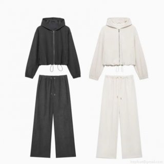 Women's Fashion Polyester Hooded Pilot Jacket And Wide Leg Pants Set Casual Solid Color Long Sleeve Drawstring Streetwear Two Piece Outfits
