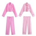Women's Casual Pink Loungewear Set Contrast Piping Poplin Long Sleeve Cropped Shirt And High Waisted Straight Pants Pajama Set Fashion Streetwear Two Piece Set