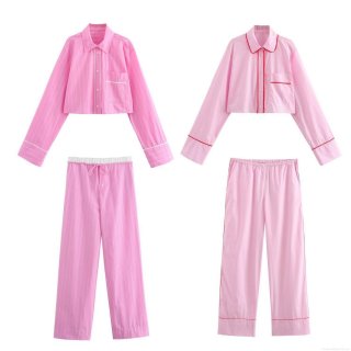 Women's Casual Pink Loungewear Set Contrast Piping Poplin Long Sleeve Cropped Shirt And High Waisted Straight Pants Pajama Set Fashion Streetwear Two Piece Set
