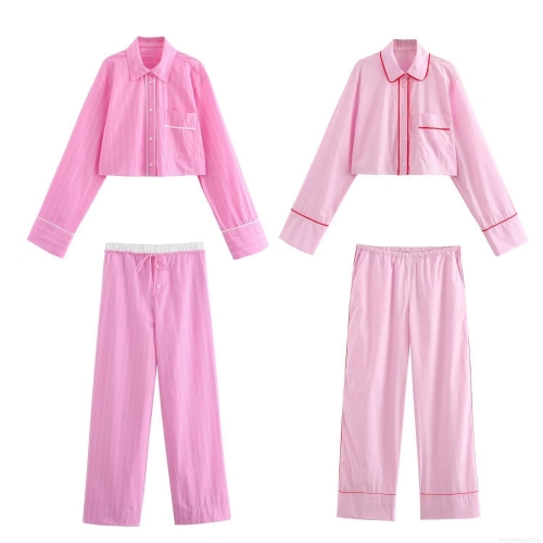 Women's Casual Pink Loungewear Set Contrast Piping Poplin Long Sleeve Cropped Shirt And High Waisted Straight Pants Pajama Set Fashion Streetwear Two Piece Set
