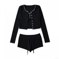 Women's 3-Piece Ribbed Knit Loungewear Set Lace Trim Long Sleeve Button Up Cardigan Camisole And Drawstring Shorts Casual Home Wear Sporty Suit