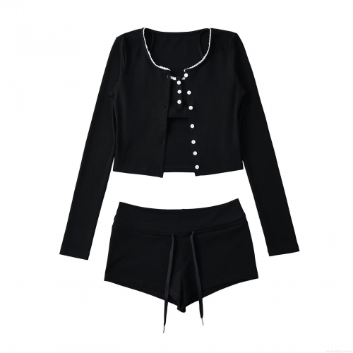 Women's 3-Piece Ribbed Knit Loungewear Set Lace Trim Long Sleeve Button Up Cardigan Camisole And Drawstring Shorts Casual Home Wear Sporty Suit