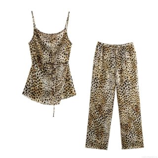Women Sexy Leopard Print 2 Piece Lounge Set 100% Polyester Satin V-Neck Camisole Top and Wide Leg Drawstring Pants Casual Streetwear Home Outfits