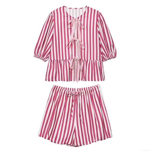 Women's Striped 100% Polyester Two Piece Set With Bow Tie Ruffle Puff Sleeve Top And Drawstring Waist Shorts Casual Loungewear Pajamas