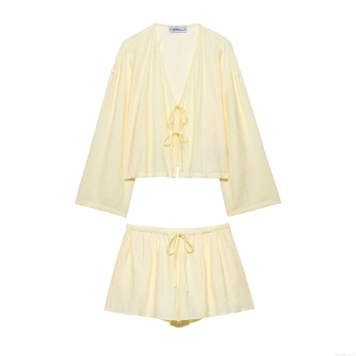 Women's Crinkle Texture Kimono Style Top And Shorts Set 100% Polyester Solid Pale Yellow V-Neck Tie-Front Casual Loungewear Two Piece Outfit Streetwear Summer Vacation Beach Wear For Women