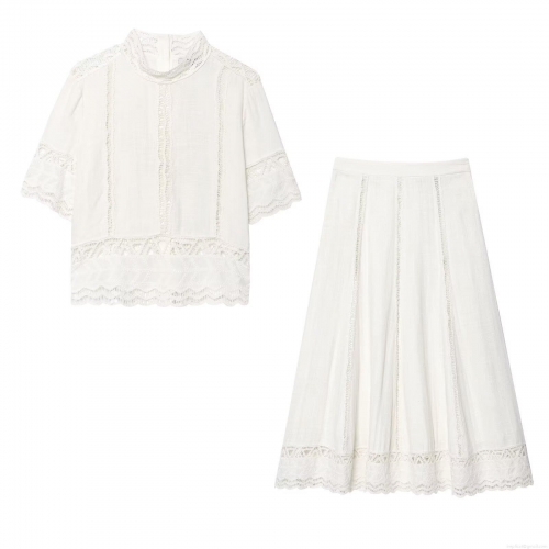 Women's Two Piece Set Crochet Hollow Out Short Sleeve Stand Collar Top And A-Line Midi Skirt Cotton Blend Casual Streetwear White Outfit