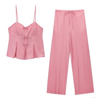 Women's Seersucker Striped Bow Tie Cami Tank Top and Wide Leg Pants Separate Piece Summer Casual Loungewear Outfit for Women Girls